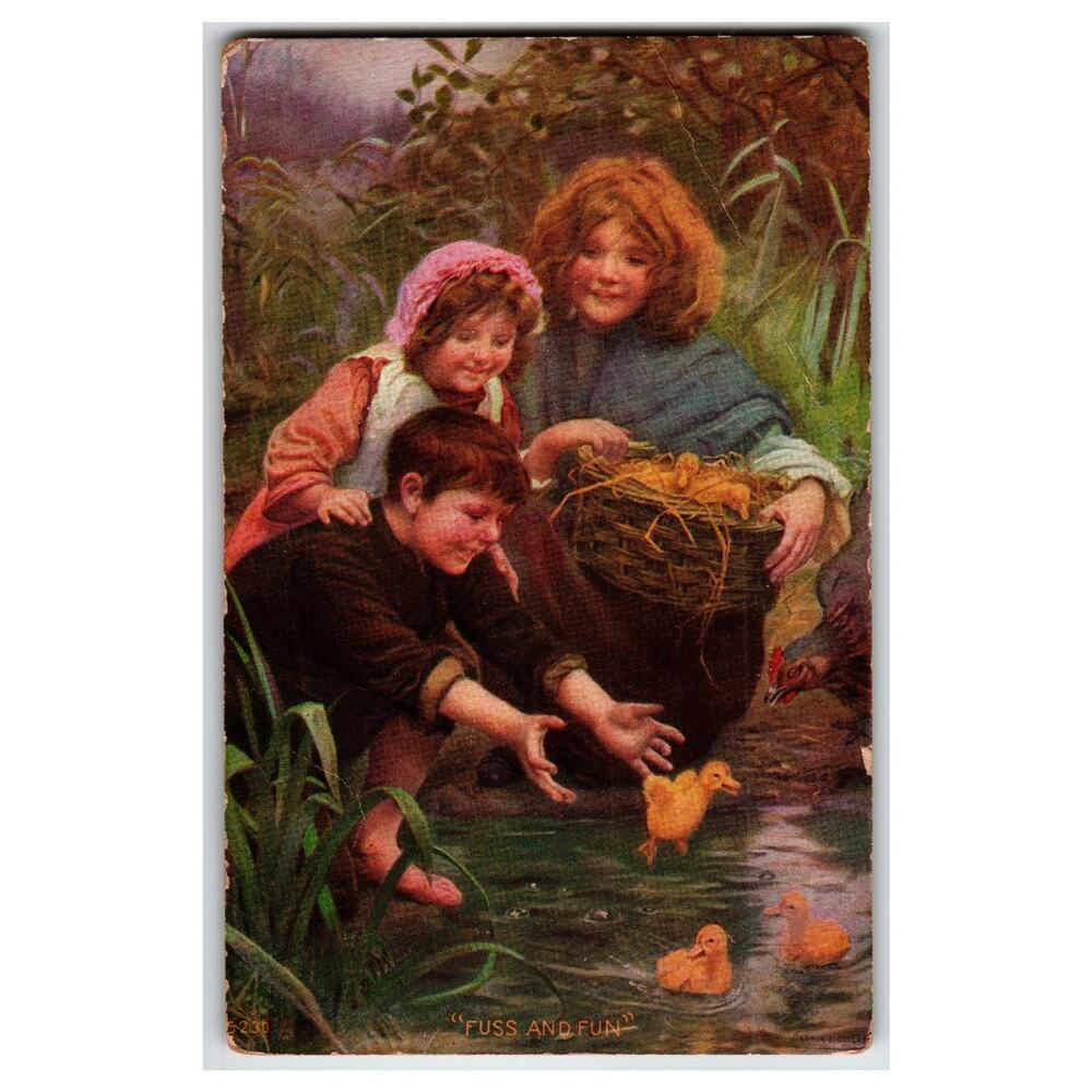 Vintage Children & Ducklings Postcard - "Fuss and Fun" Art Print